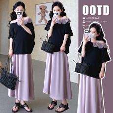 批发实拍 現货 夏季立体花朵斜肩上衣托腹半身裙两件套孕妇装