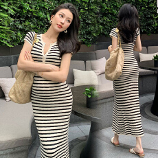 批发現货 高腰条纹<b class='q'>连衣裙</b>夏季休闲百搭长裙孕妇<b class='q'>连衣裙</b>