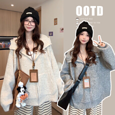 批发秋冬厚款连帽拉链针织毛衣外套+松紧腰条纹裤两件套孕妇装