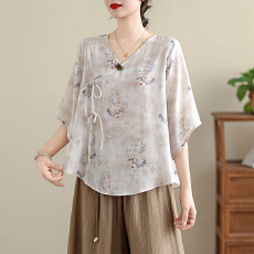 批发新中式高端印花上衣女短款宽松棉麻<b class='q'>衬衫</b>斜襟V领套头气质<b class='q'>T</b>恤衫