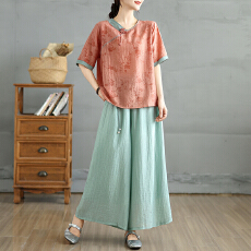 批发<b class='q'>大码</b>女装妈妈加肥加大2026夏季新款国风宽松印花上衣阔腿裤套装