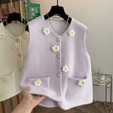 批发撞色立体花朵毛茸茸马甲背心女秋2025宽松减龄单排扣坎肩上衣
