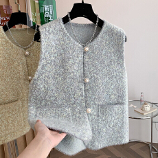 批发韩系高级感毛茸茸叠穿马甲背心女秋季2025软糯减龄宽松单排扣上衣