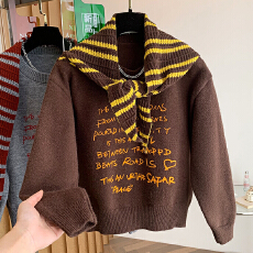 批发宽松款毛衣2025秋装新款女装休闲风撞色字母圆领套头短款上衣