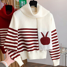 批发超好看奶呼呼软糯条纹针织衫女冬内搭外穿<b class='q'>可爱</b>围巾毛线衣厚款上衣