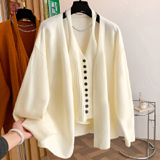 批发韩系设计感气质针织保暖开衫+排扣挂脖针织<b class='q'>背心</b>两件套女2025冬款