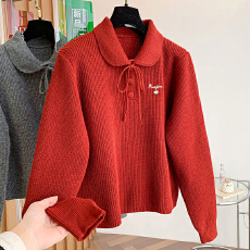 批发法式蝴蝶结系带套头毛衣女2025冬季新款宽松红色针织<b class='q'>上衣</b>