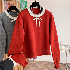 批发2025年秋冬新款韩版宽松减龄显瘦休闲百搭蕾丝花边套头毛衣