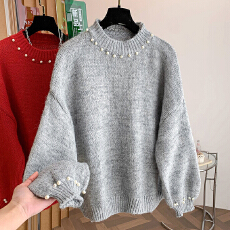 圆领钉珠长袖宽松灰色毛衣2025秋季新款韩系温柔慵懒高级感上衣女
