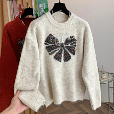 批发红色圣诞衣服蝴蝶结毛衣打底衫冬季2025新款爆款<b class='q'>大码</b><b class='q'>女</b>装针织上衣