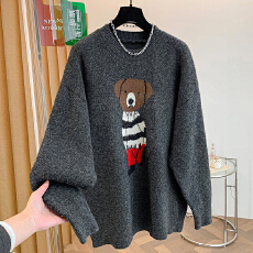 批发2025秋冬新款韩版宽松慵懒风圆领套头卡通小熊蜜熊绒针织衫<b class='q'>女</b>毛衣