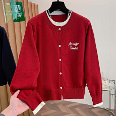 撞色拼接假两件圆领针织开衫女2025新款秋冬软糯内搭毛衣显瘦上衣