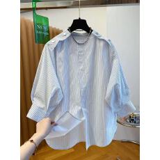 批发浅蓝色条纹衬衫女装2026新款早春宽松百搭圆领套头中袖七分袖上衣