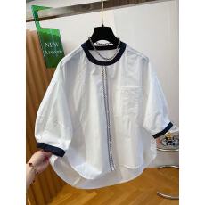 批发白色圆领<b class='q'>衬衫</b>女短袖2026新款宽松通勤棉质五分袖中袖娃娃衫上衣夏