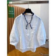 批发白色七分袖衬衫女款2026新款春夏宽松简约洋气小衫刺绣纯棉<b class='q'>上衣</b>潮