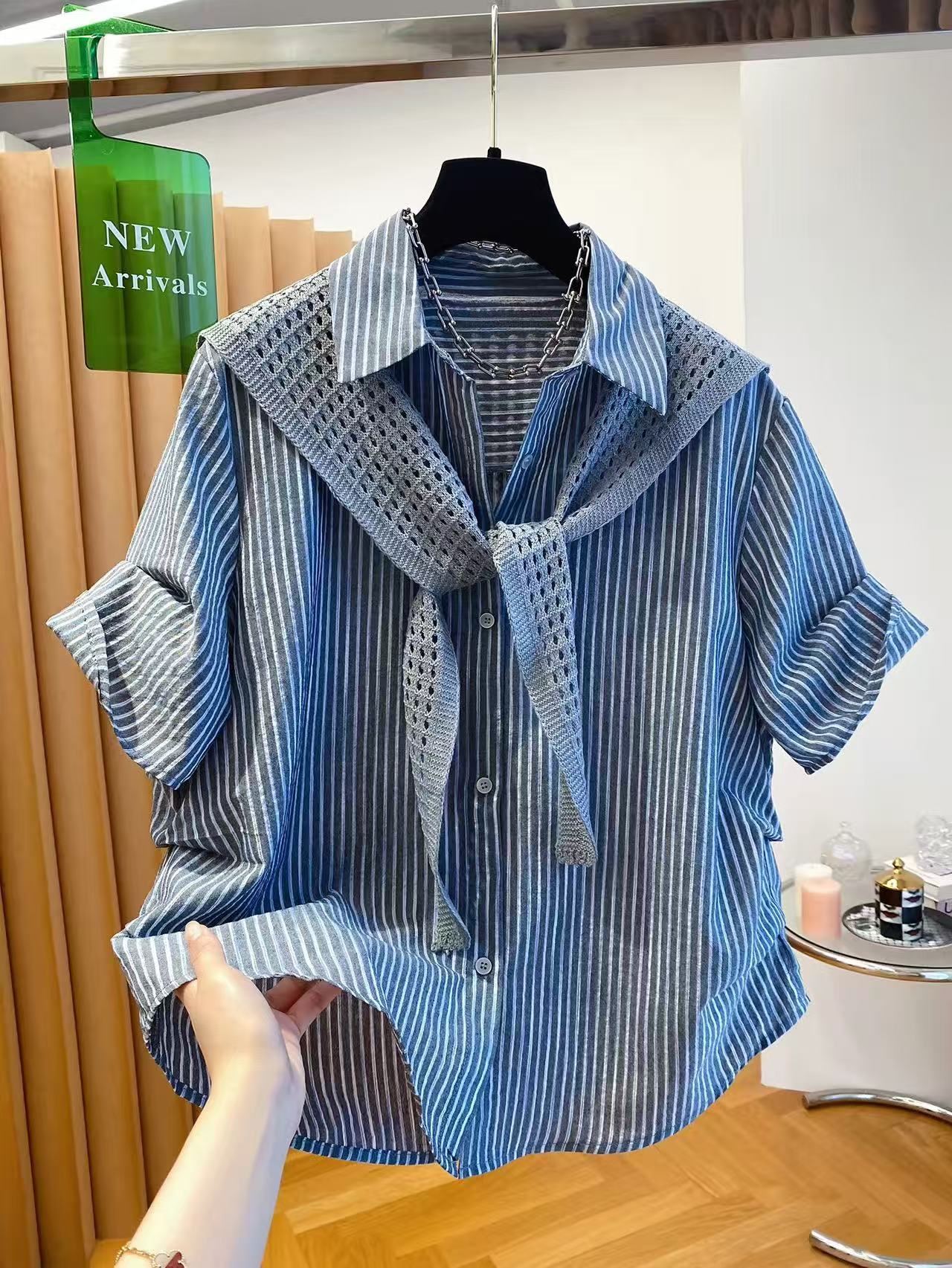 한 부서 스트라이프 셔츠 여성용 짧은 소매 코디 숄 투피스 세트 맨위 2026 새로운 여름 올해 인기 셔츠