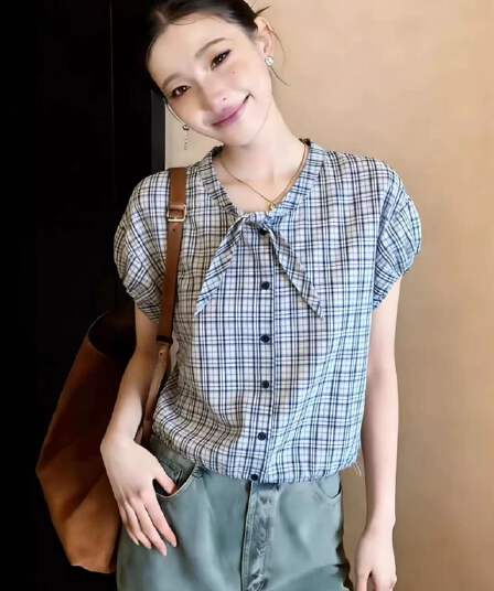 버블 반팔 체크무늬 만나는 여성 셔츠 여름 새로운 빅 사이즈 지방 mm 슬림해 보이는 프랑스식 나비 매듭 쇼트 스타일 맨위