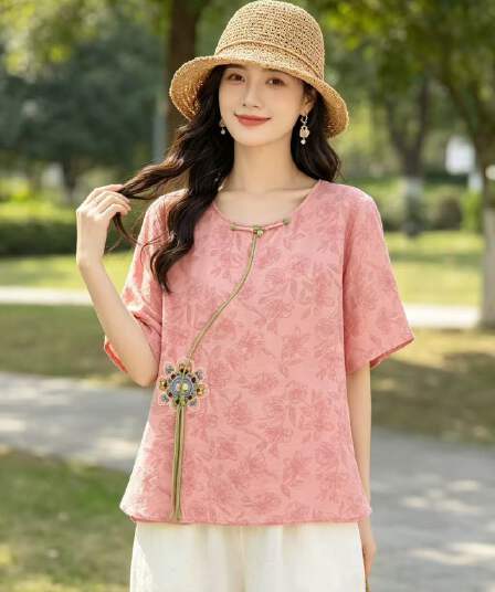 새로운 통기성 새로운 중식 라미 티셔츠 여성 셔츠 중년 엄마 레트로 국풍 Chic 자수 작은 셔츠 여름