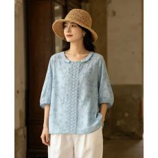 批发文艺刺绣高端苎麻<b class='q'>衬衫</b>女减龄夏季宽松显瘦五分袖轻薄小衫麻料上衣