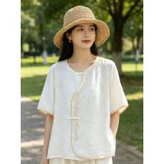 批发新中式复古刺绣短袖<b class='q'>衬衫</b>女2026夏季新款禅意斜襟盘扣圆领小衫上衣