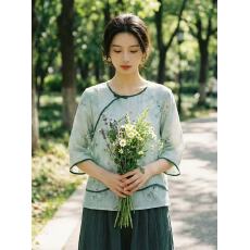 批发国风复古禅意棉麻七分袖衬衫女夏季斜襟系带茶服印花<b class='q'>亚麻</b>小衫上衣