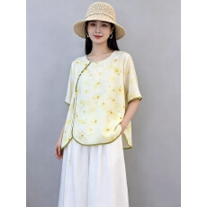 批发国风棉麻衬衫套头<b class='q'>印花</b>轻薄妈妈夏装2026新款<b class='q'>印花</b>短袖上衣