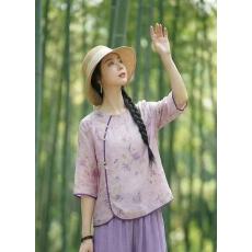 批发国风棉麻衬衫套头<b class='q'>印花</b>轻薄妈妈夏装2026新款<b class='q'>印花</b>短袖上衣
