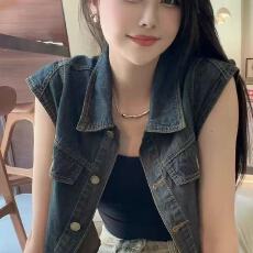 批发美式复古高级感气质百搭牛仔马甲女POLO领短款无袖坎肩上衣开衫<b class='q'>夏</b>