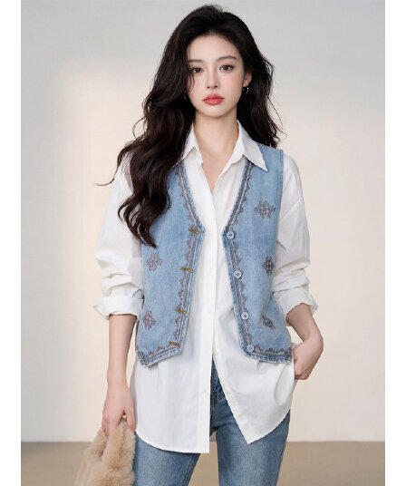 유럽 역 고급 센스 V넥 데님 조끼 여자 자수 싱글 줄 버튼 패션 얇은 스타일 민소매 조끼 자켓 여름