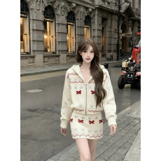 批发实拍秋冬氛围感穿搭费尔岛白色提花套装<b class='q'>女</b>新款针织上衣短裙两件套