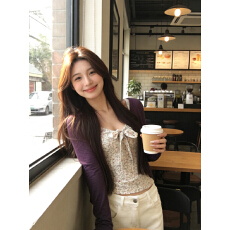 批发实拍 韩系碎花露背吊带背心女内搭+紫色纯欲修身毛衣针织<b class='q'>开衫</b>