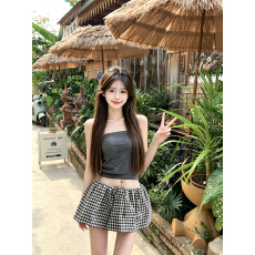 批发实拍 纯欲风套装灰色气质抹胸背心女夏季格纹<b class='q'>百搭</b>半身裙两件套