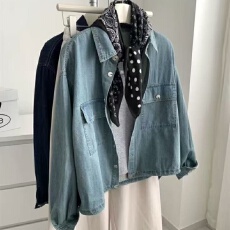 批发复古牛仔<b class='q'>衬衫</b>女2025秋新款宽松休闲韩版长袖抽绳下摆小个子短外套