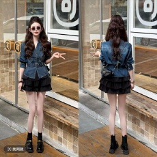 批发街拍女王~小众时髦酷飒风气质收腰显瘦翻领牛仔上衣