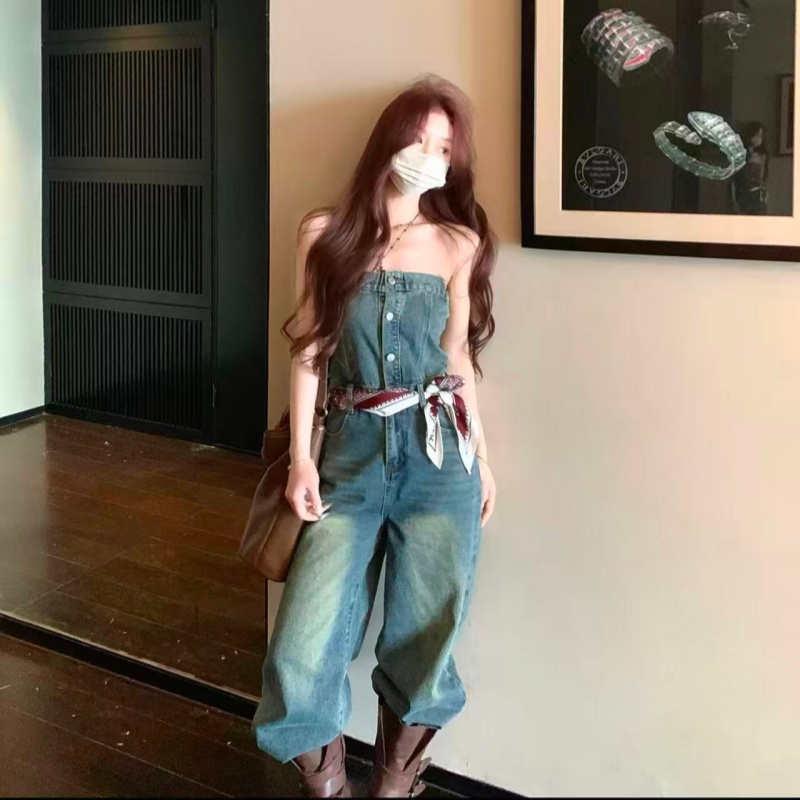 봄 여름 새로운 튜브탑 데님 점프 슈트 다용도 올인원 의류 슬림해 보이는 롱 바지