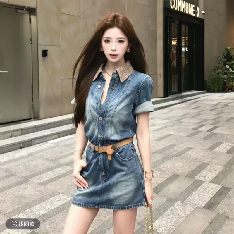 레트로 항구 바람 폴로 칼라 패치워크 데님 스커트 아이들 봄 여름 짜임 칼라 드레스 슬림해 보이는 디자인 센스 패션