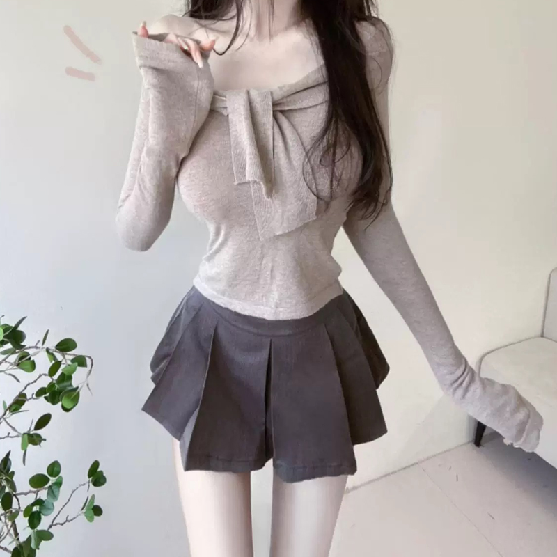 한국 동대문 신제품 핫걸 순수한 욕망 바람 레이스업 니트 티셔츠 페이크 레이어드 레트로 기본 셔츠 타이트 맨위