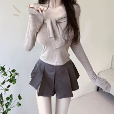 批发韩国东大门新品 辣妹纯欲风系带针织<b class='q'>T</b><b class='q'>恤</b>假两件复古打底衫<b class='q'>紧身</b>上衣