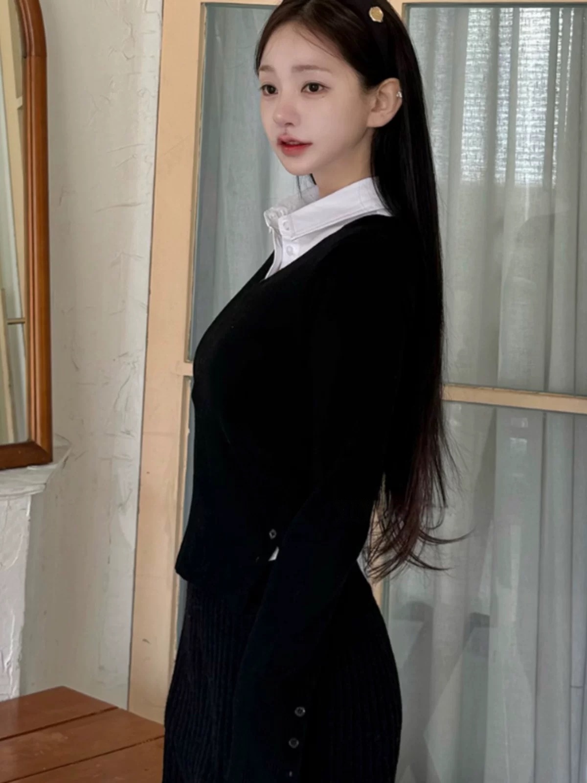 한국 동대문 신제품 특별 조정 낭만주의 여성 품격 V넥 단추 허리 수축 슬림해 보이는 니트 스웨터 ke