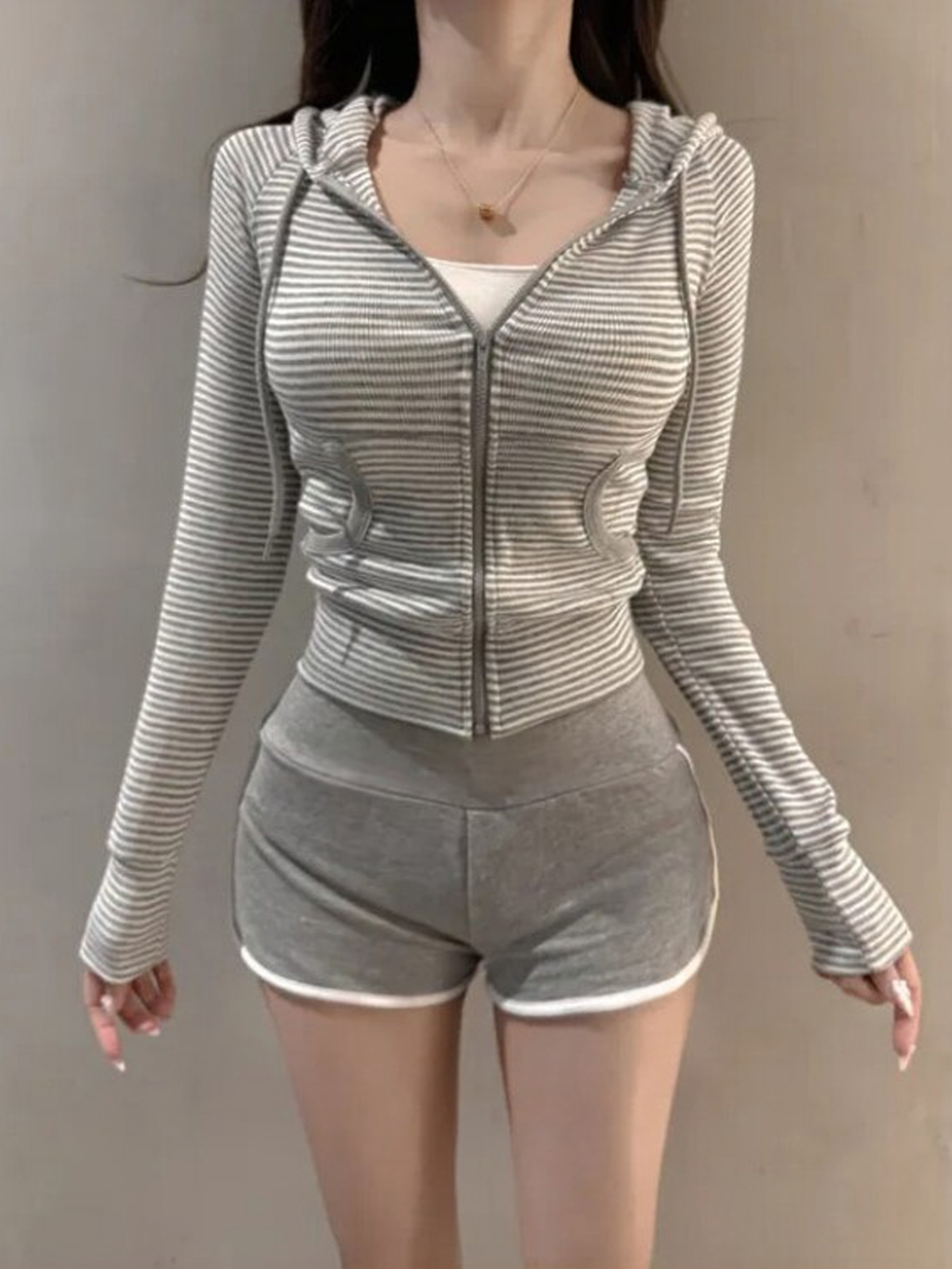 한국 동대문 신제품 아름다운 순수한 욕망 바람 달콤한 매운맛 바람 디스플레이 몸 스트라이프 후드 재킷