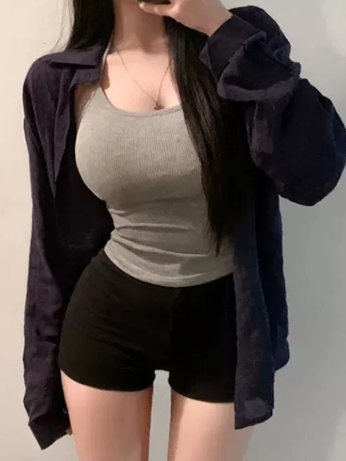 한국 동대문 신제품 인력 두 순수한 욕망 달콤한 매운맛 슬림해 보이는 하이웨이스트 검정색 펭 넓적 다리 반바지 여성
