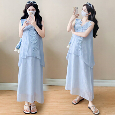 实拍夏季孕妇装新款连衣裙温柔气质减龄时尚孕妇假两件连衣裙