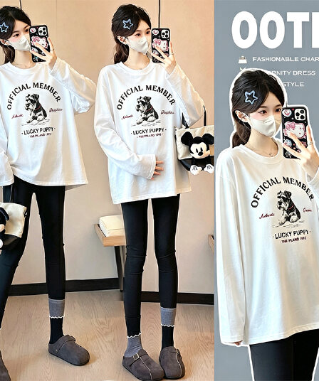 2026 이른 가을 출산 착용 새로운 맨위 한국 스타일 라운드 넥 긴팔 프린트 화이트 코튼 티셔츠