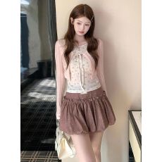 批发原版布料2026春秋韩系甜美碎花假两件披肩<b class='q'>长袖</b>女绝美修身辣妹上衣