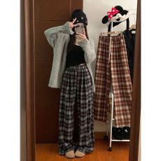 批发实拍梭织格慵懒风复古格子<b class='q'>休闲裤</b>女春秋季阔腿裤宽松大码拖地裤子
