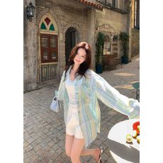 批发薄荷曼波风<b class='q'>长袖</b>格子衬衫外套女春秋2026法式小清新防晒衬衣外套