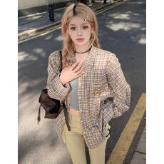 批发韩系复古慵懒风格子<b class='q'>衬衫女</b>春秋新款宽松百搭气质休闲防晒上衣外套