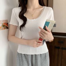 批发韩版蕾丝花边正肩u领短袖t恤女春夏修身显瘦纯欲辣妹内搭短款上衣