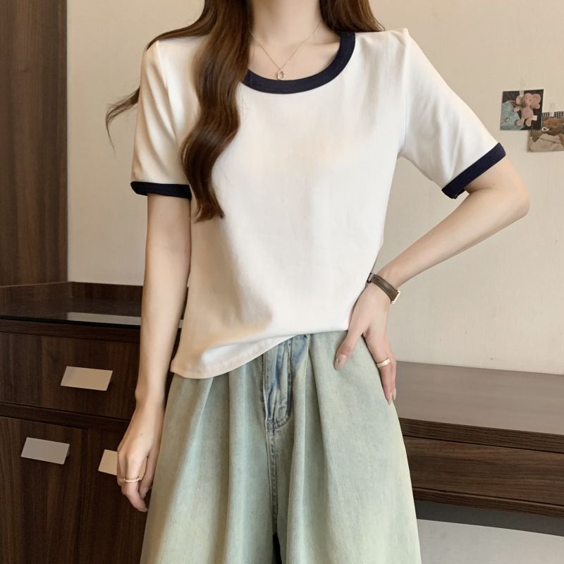 실사 순면 반팔 티셔츠 여성 여름 한국 스타일 새로운 디자인 센스 배색 라운드 넥 몸매 가꾸기 핫걸 순수한 욕망 맨위