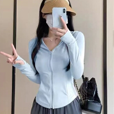 批发冰丝凉感面料8色<b class='q'>修身</b>防晒女开衫外套薄款运动瑜伽服收腰连帽上衣